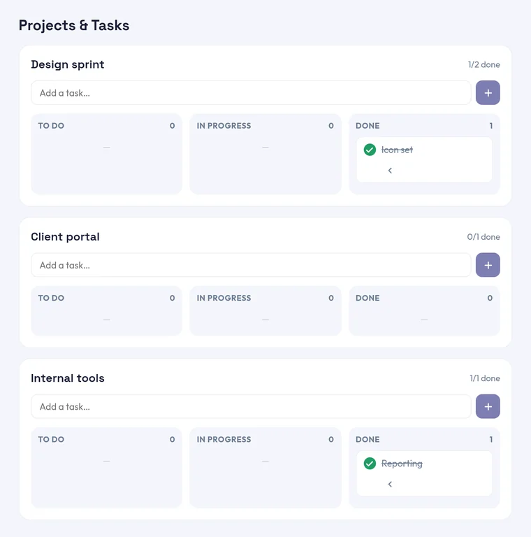 The Projects tab: a board per project with To do, In progress and Done columns.