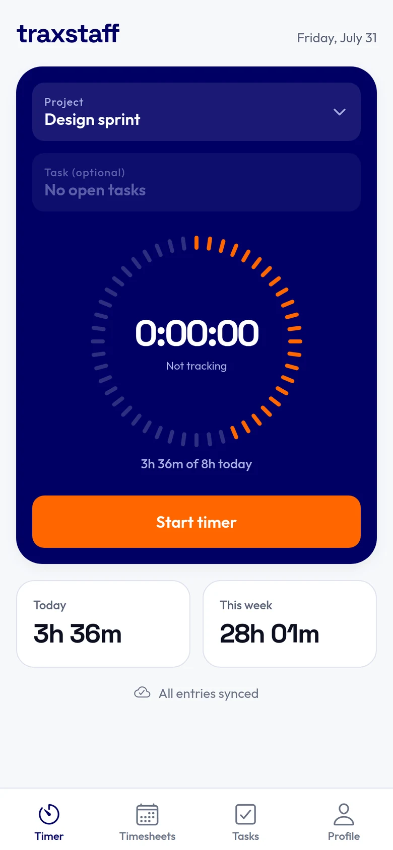 The TraxStaff Android app, showing today's tracked time and the timer ready to start.